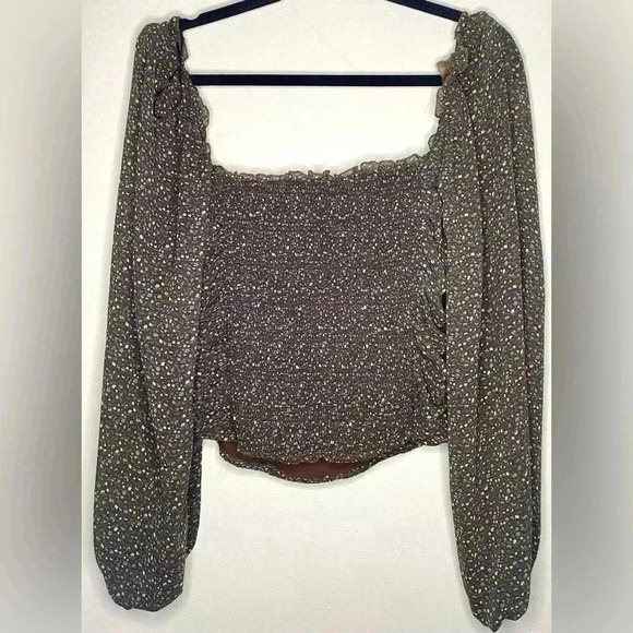 ASTR The Label Brown Ditsy Floral Rouched Top Puffy Poet Sleeves Cottage , sz XL - Picture 2 of 2